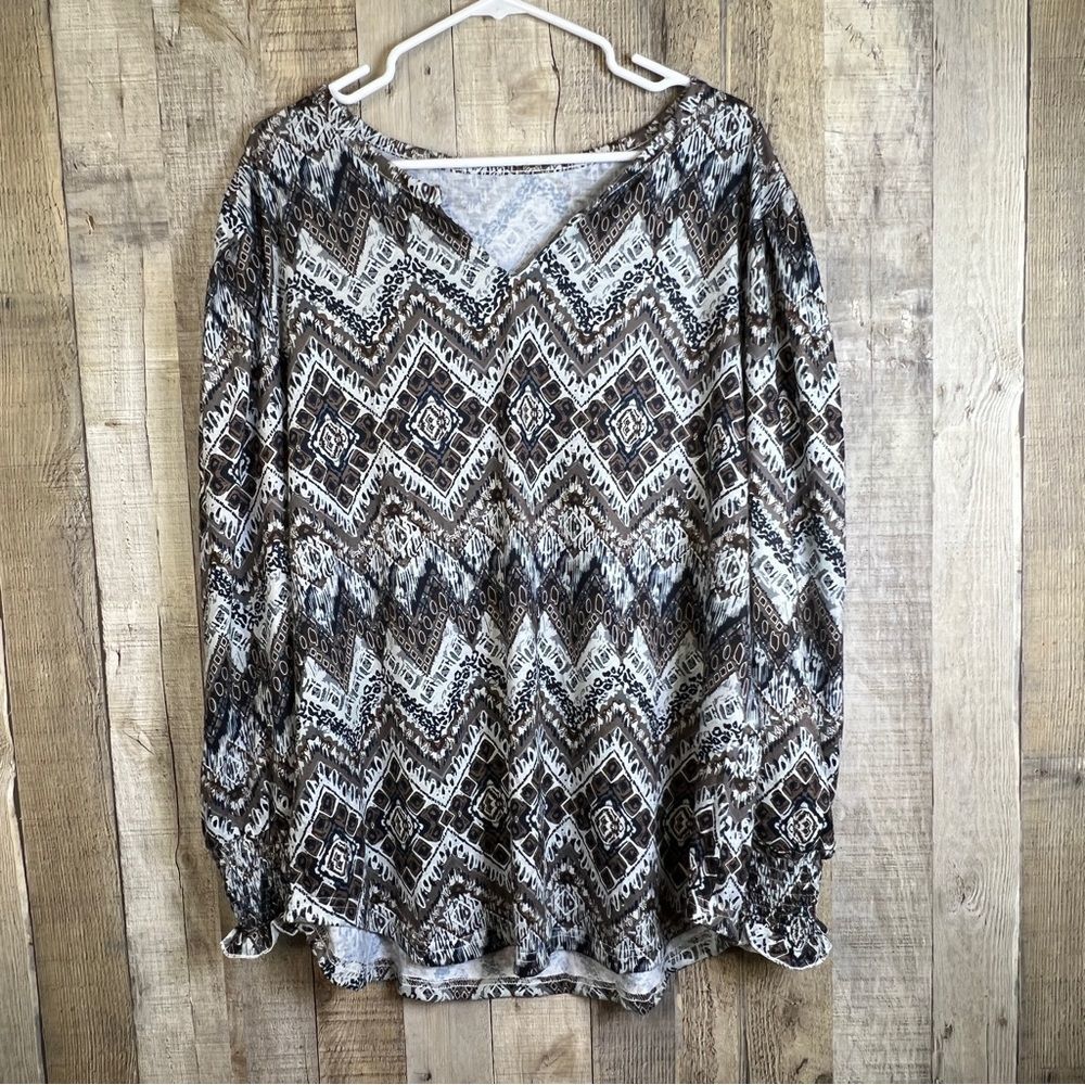 Unbranded Xxl Tribal Print Notched V-Neck Top w/Long Puff Sleeve & Shirr…